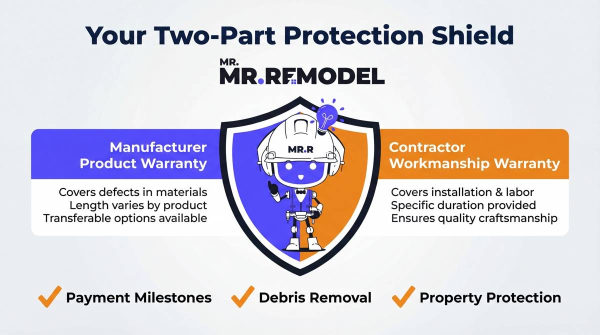 An infographic shield comparing product and labor warranties, listing essential contract protections for window replacement projects.